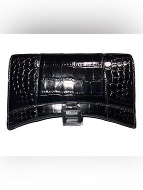 Balenciaga Black Croc-Embossed B Charm Clutch